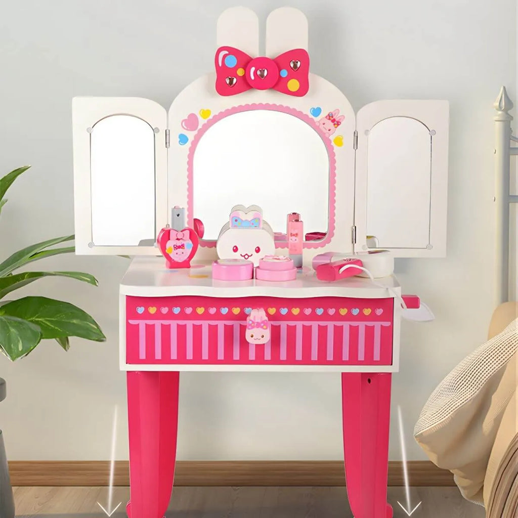 Pink Animal-Themed Kids Vanity Set with Adjustable Mirror and Chair