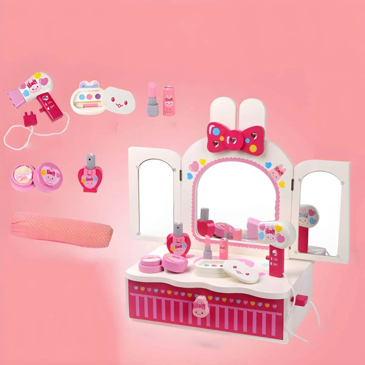 Pink Animal-Themed Kids Vanity Set with Adjustable Mirror and Chair メイン画像
