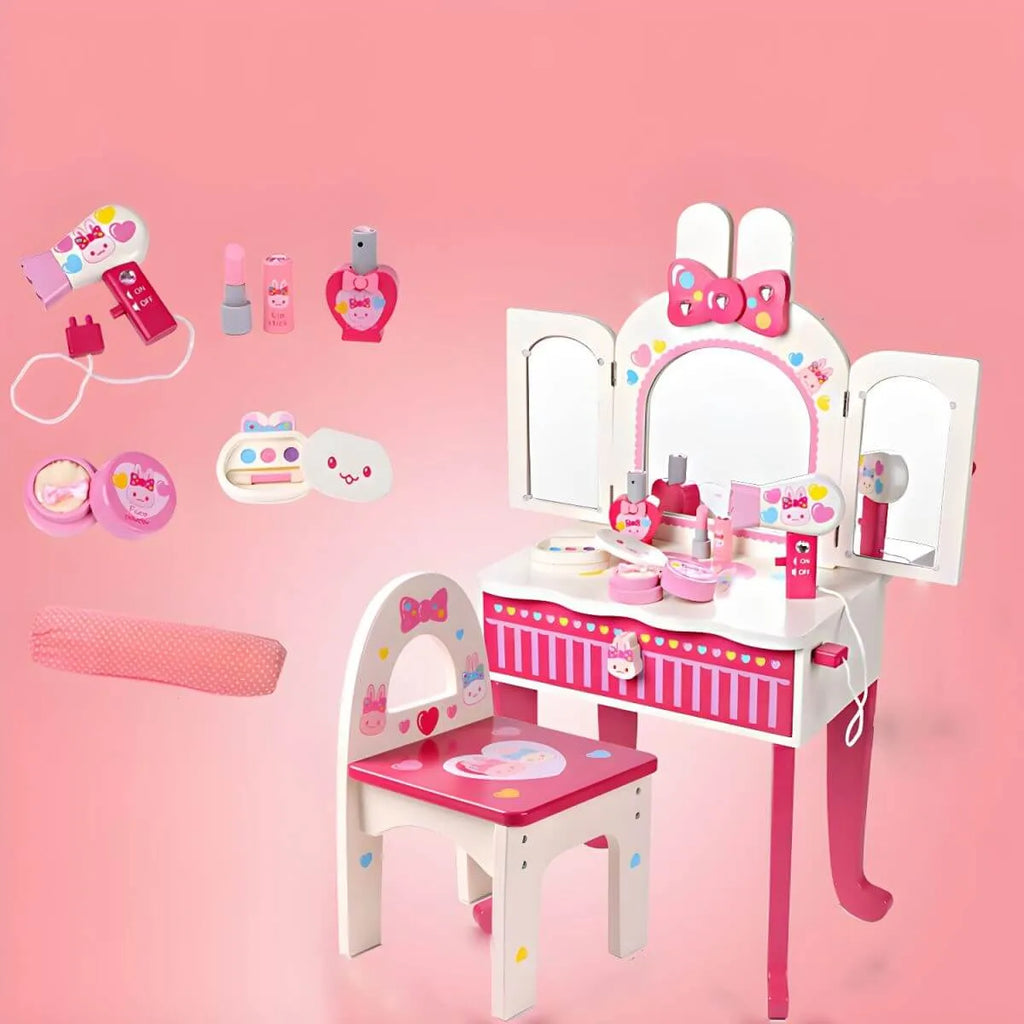 Pink Animal-Themed Kids Vanity Set with Adjustable Mirror and Chair