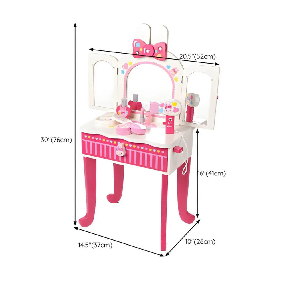 Pink Animal-Themed Kids Vanity Set with Adjustable Mirror and Chair Dimensions