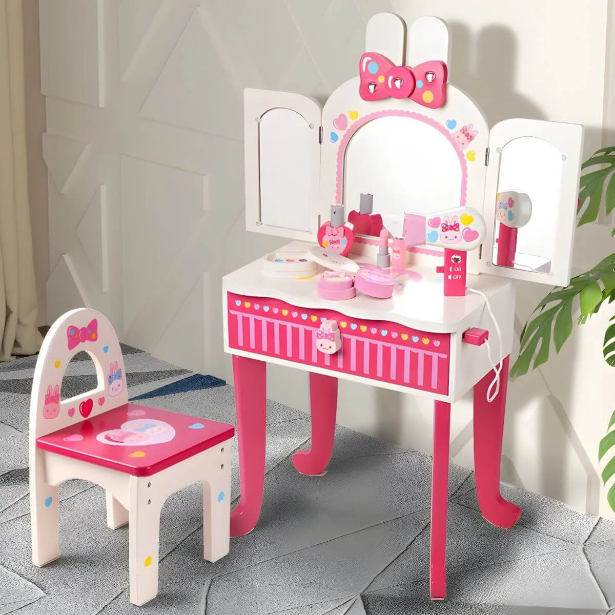 Pink Animal-Themed Kids Vanity Set with Adjustable Mirror and Chair Main Product Image