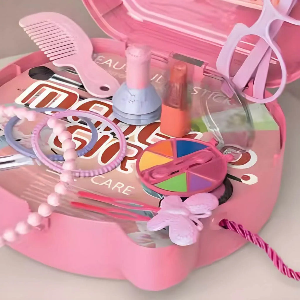 Pink Plastic Kids Makeup Vanity with Mirror and Play Accessories