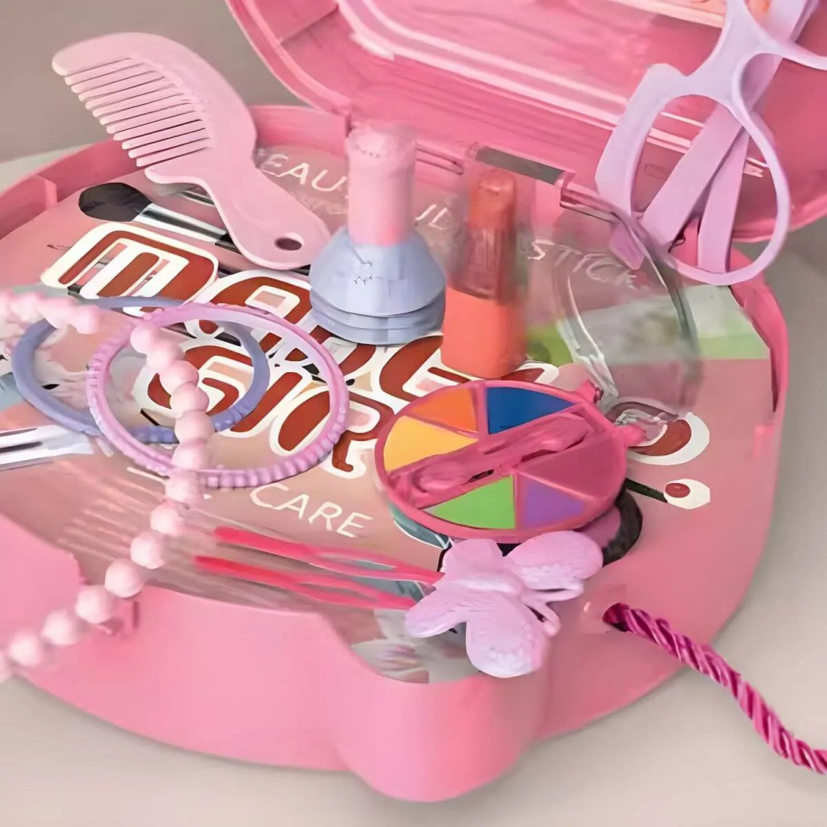 Pink Plastic Kids Makeup Vanity with Mirror and Play Accessories