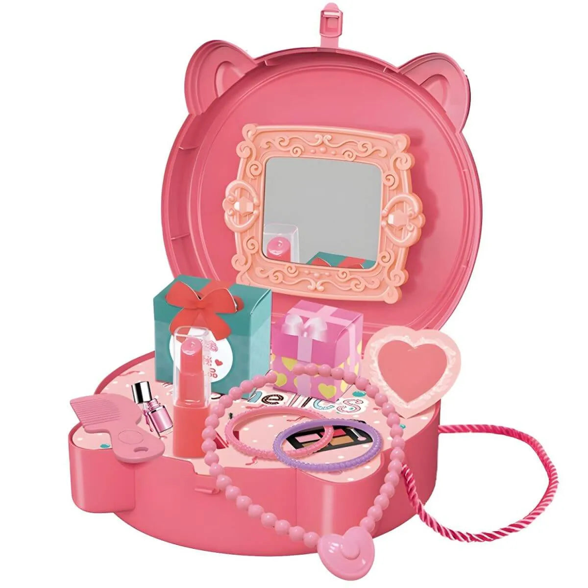 Pink Plastic Kids Makeup Vanity with Mirror and Play Accessories