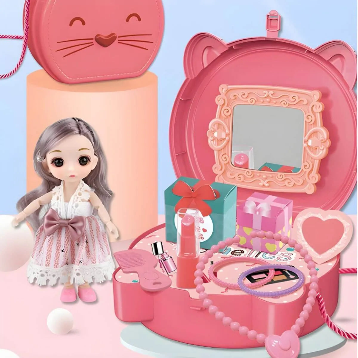 Pink Plastic Kids Makeup Vanity with Mirror and Play Accessories