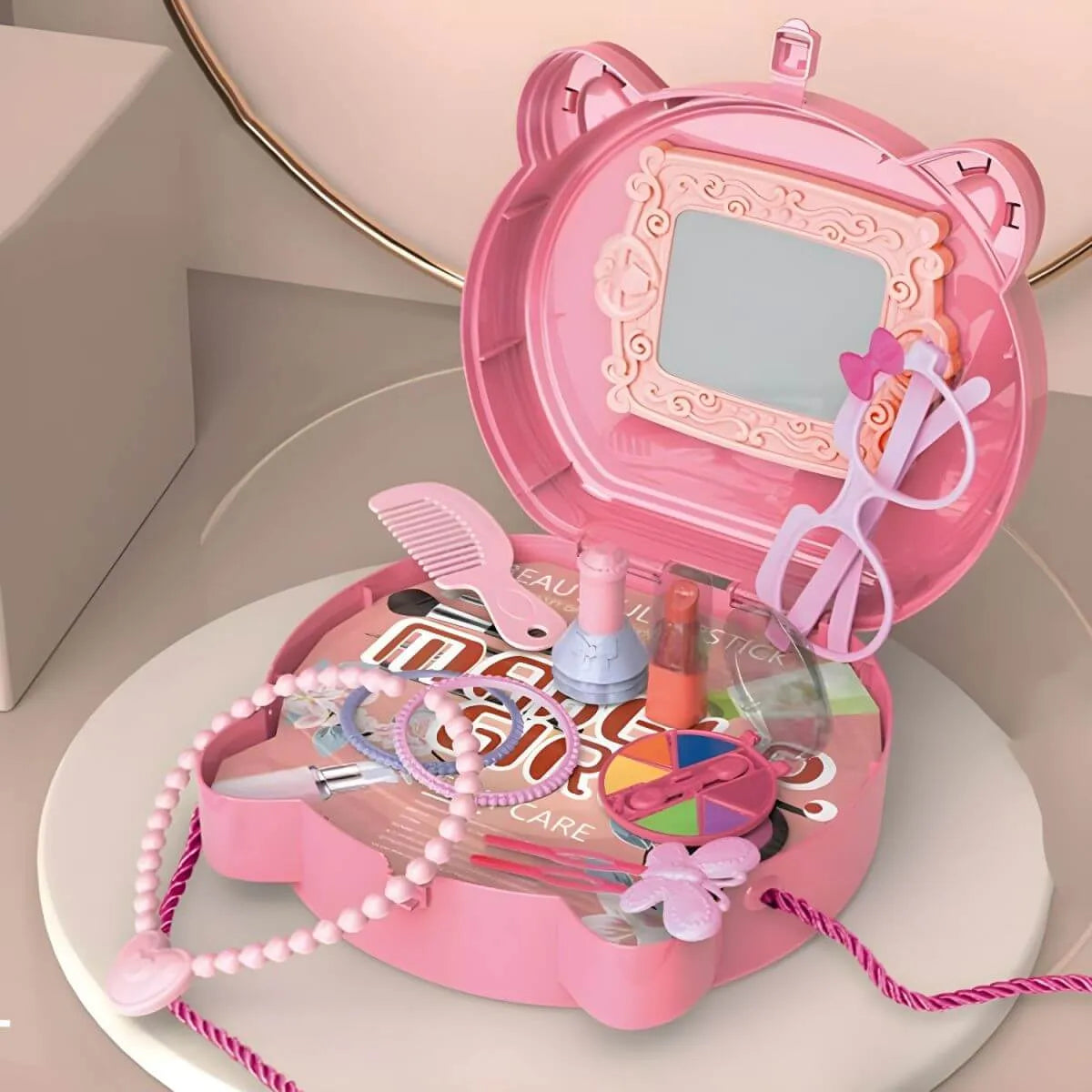Pink Plastic Kids Makeup Vanity with Mirror and Play Accessories Main Product Image Image principale du produit
