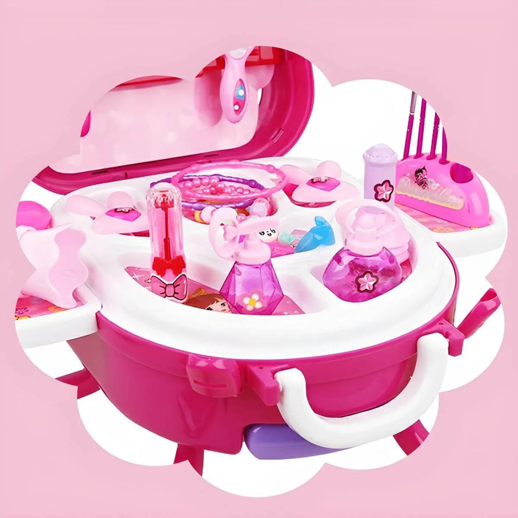 Pink Plastic Kids Makeup Vanity with Mirror and Toy Accessories