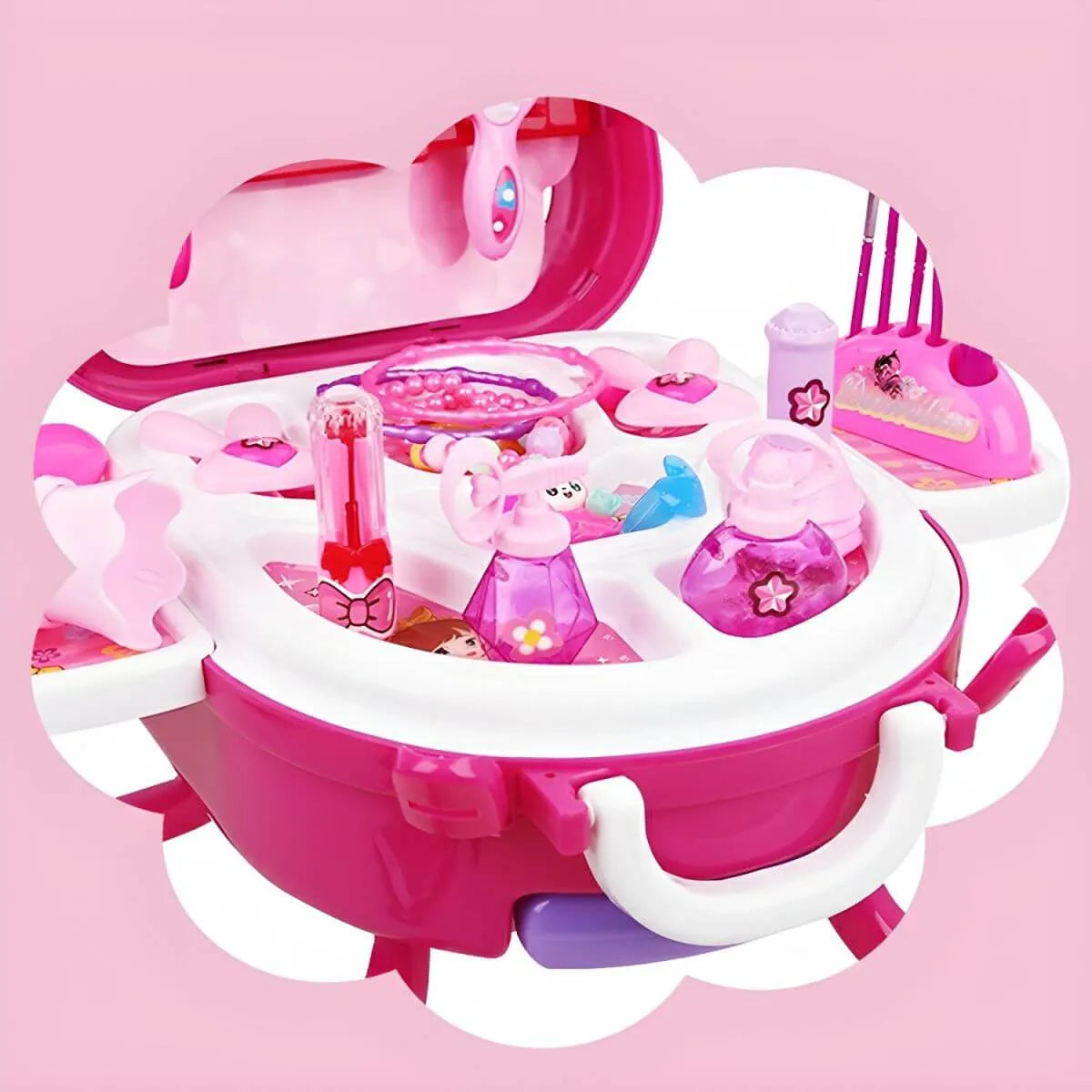 Pink Plastic Kids Makeup Vanity with Mirror and Toy Accessories