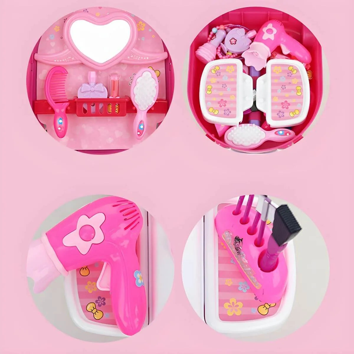 Pink Plastic Kids Makeup Vanity with Mirror and Toy Accessories