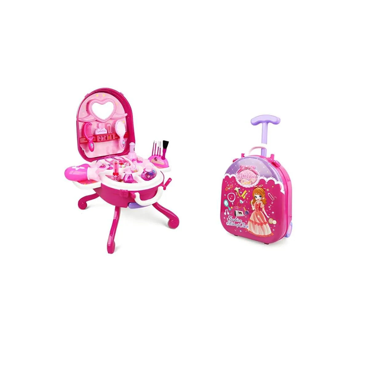 Pink Plastic Kids Makeup Vanity with Mirror and Toy Accessories
