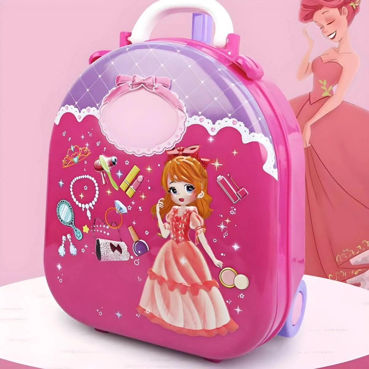 Pink Plastic Kids Makeup Vanity with Mirror and Toy Accessories