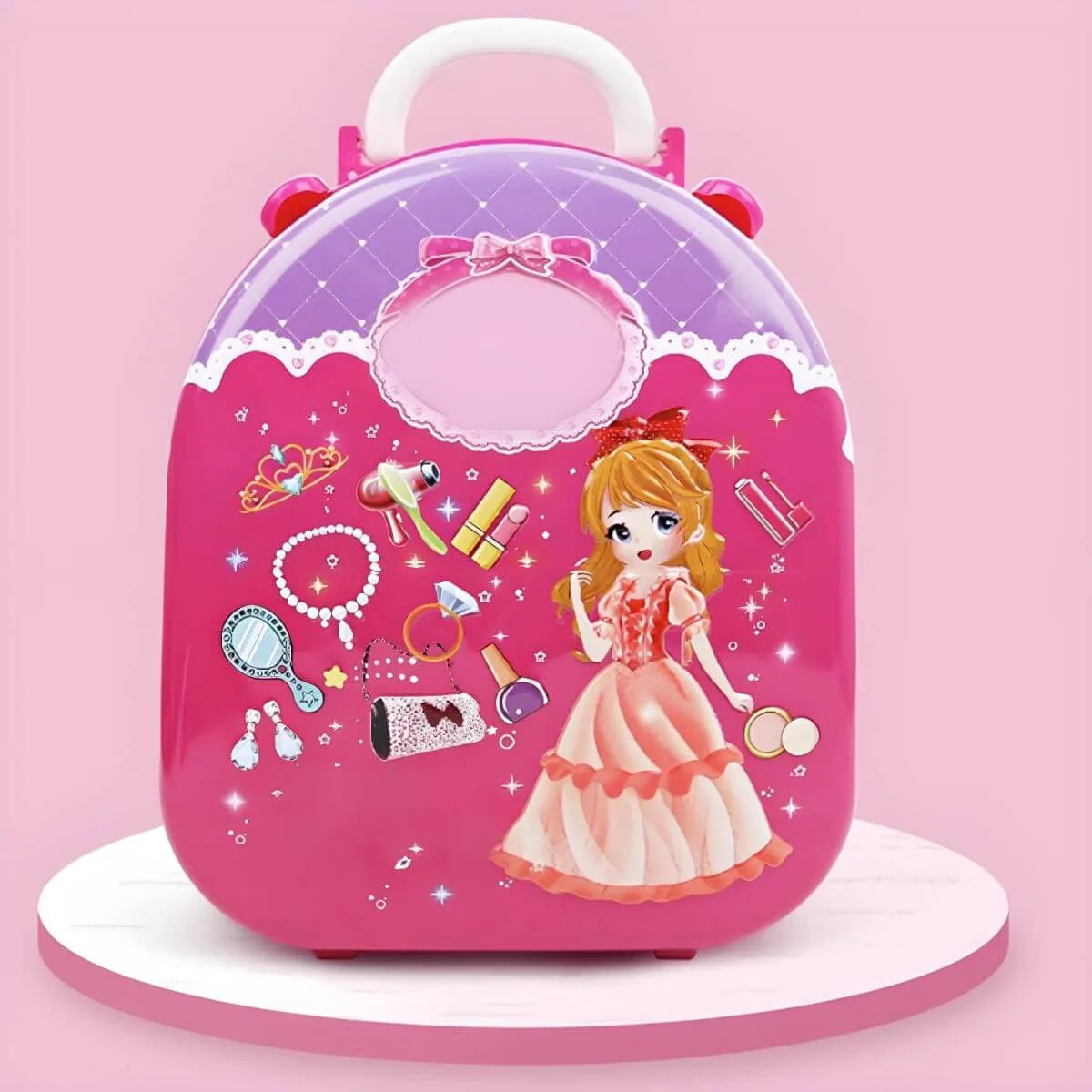 Pink Plastic Kids Makeup Vanity with Mirror and Toy Accessories