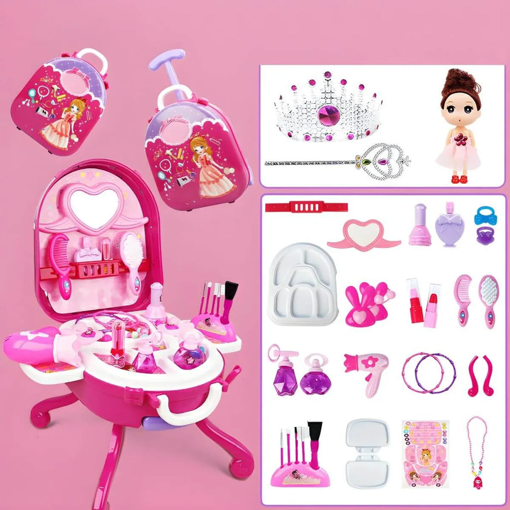 Pink Plastic Kids Makeup Vanity with Mirror and Toy Accessories