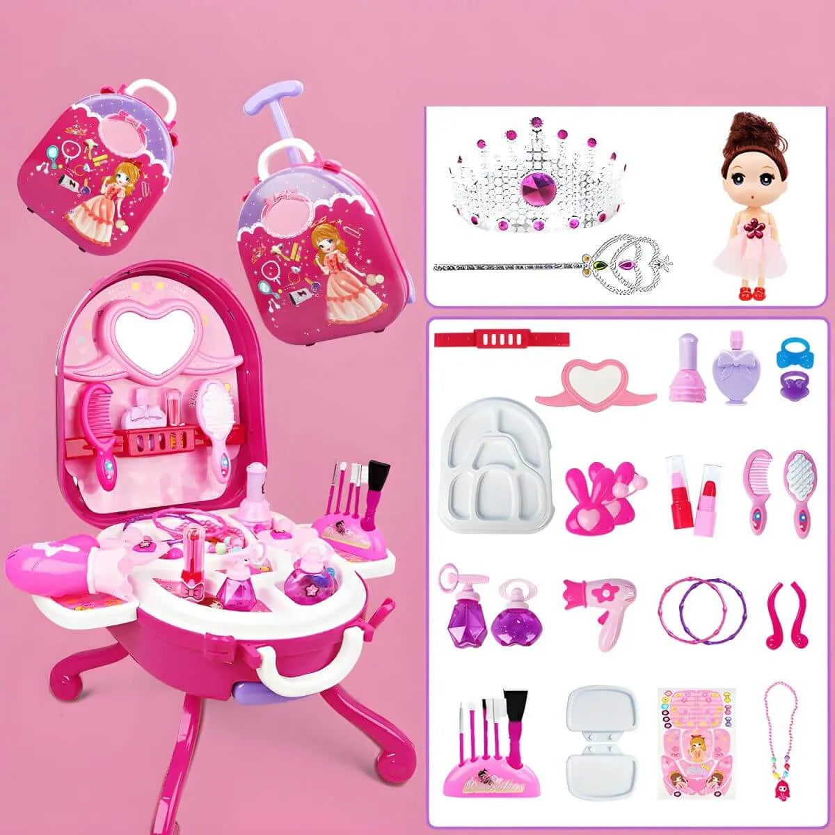 Pink Plastic Kids Makeup Vanity with Mirror and Toy Accessories メイン画像
