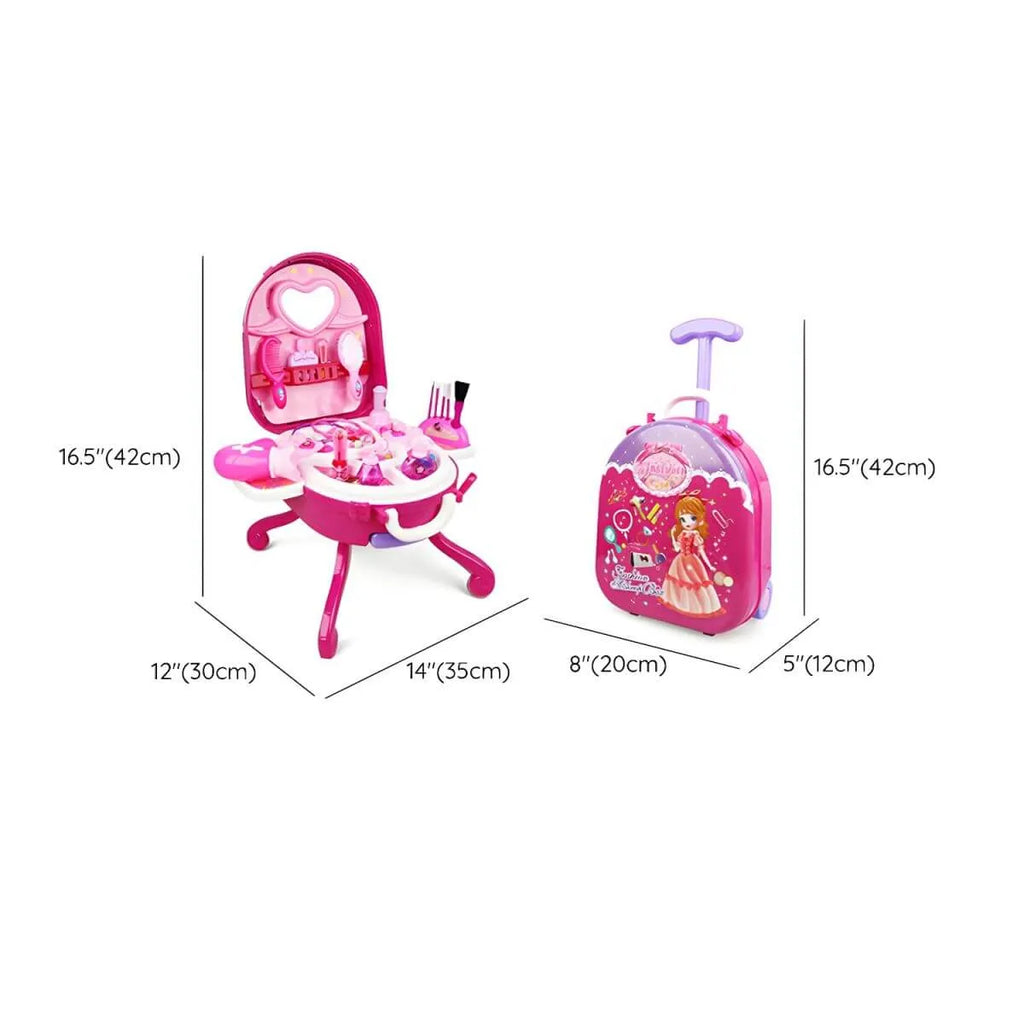 Pink Plastic Kids Makeup Vanity with Mirror and Toy Accessories Dimensions