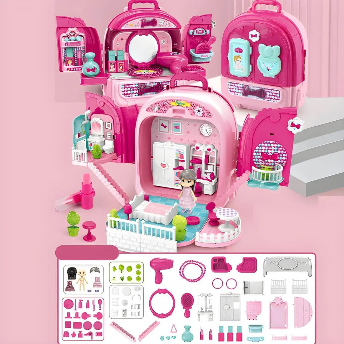 Pink Portable Kids' Play Vanity Toy House with Mirror & Storage メイン画像