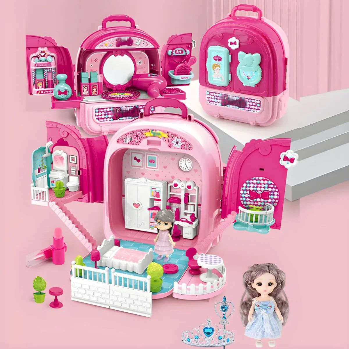 Pink Portable Kids' Play Vanity Toy House with Mirror & Storage