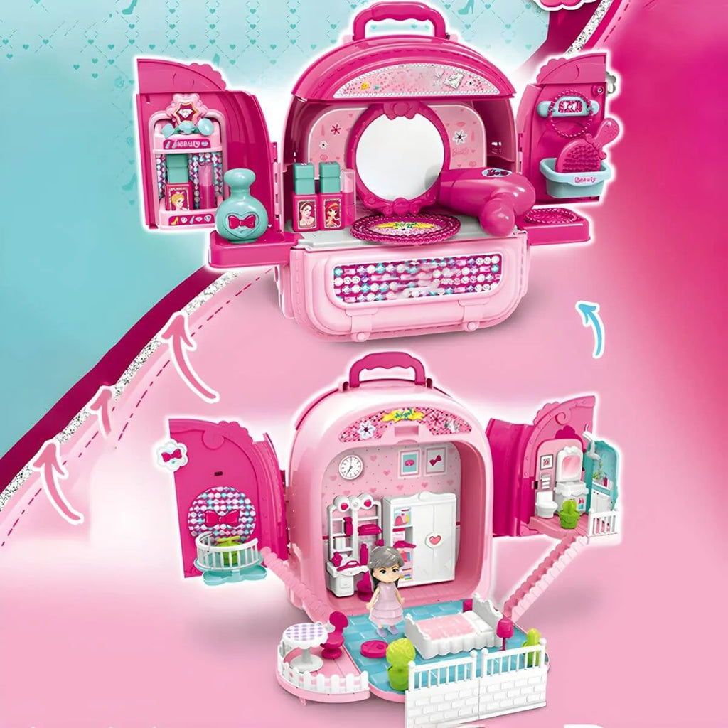 Pink Portable Kids' Play Vanity Toy House with Mirror & Storage