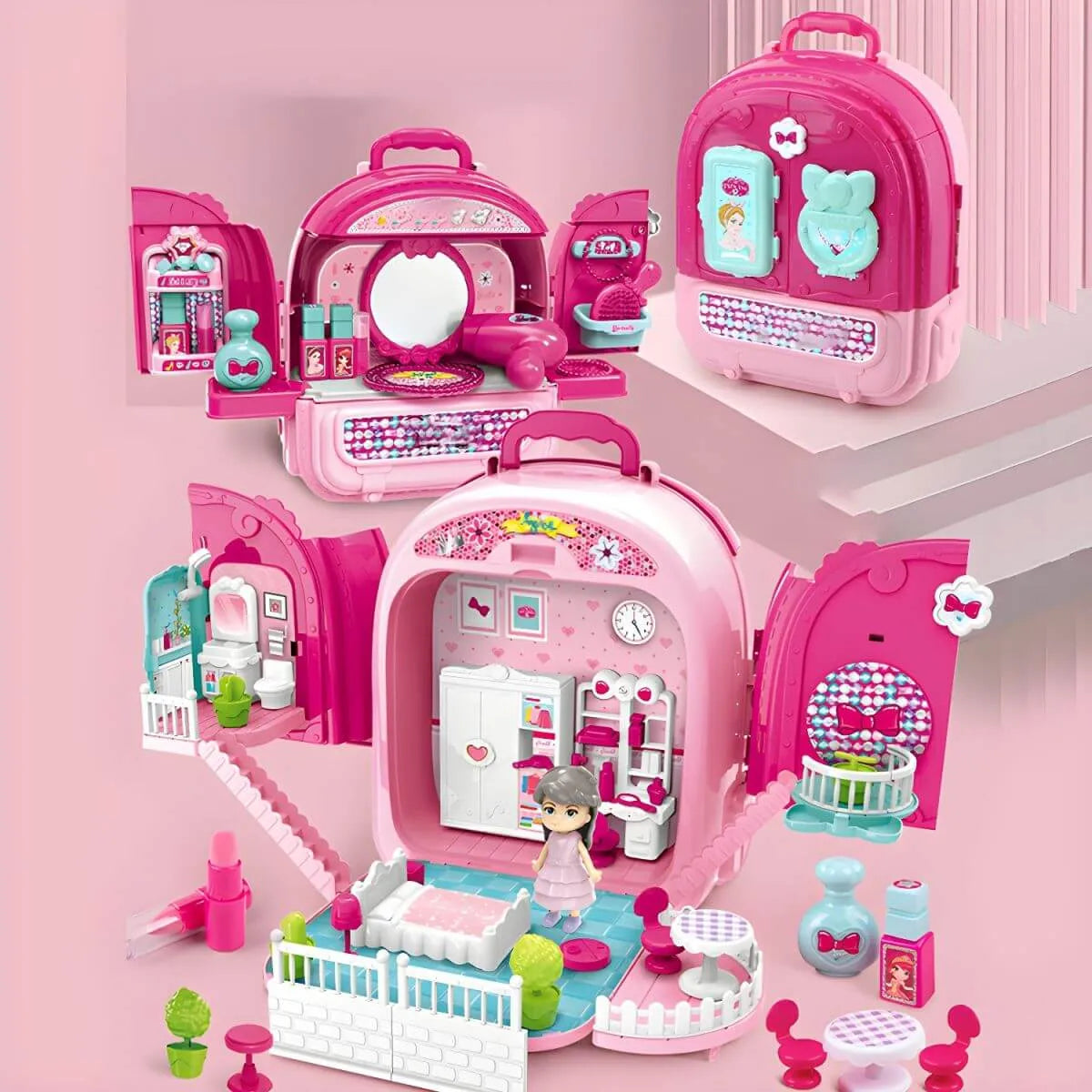 Pink Portable Kids' Play Vanity Toy House with Mirror & Storage