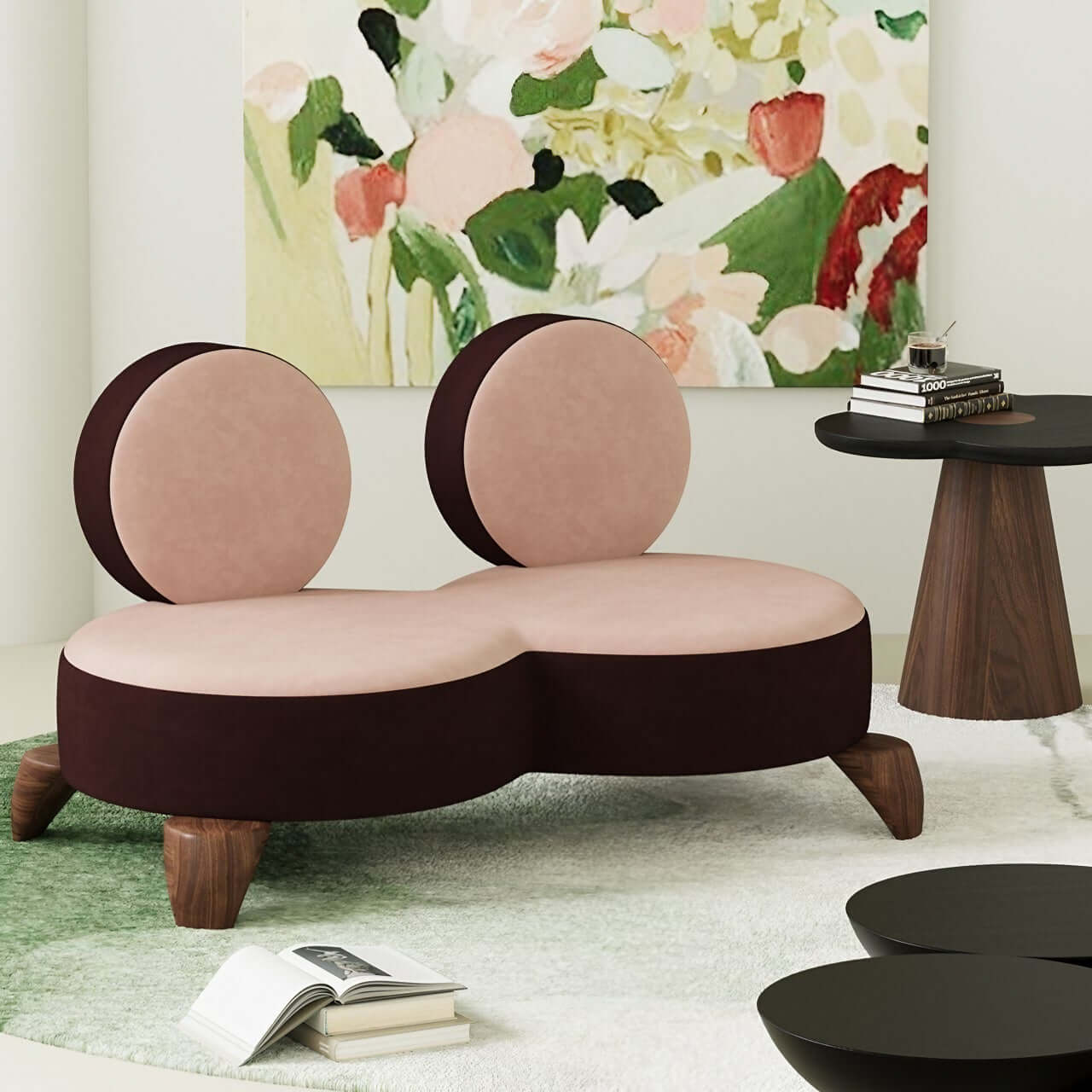Pink velvet twin sofa with double seater design, perfect for living room seating main product image メイン画像