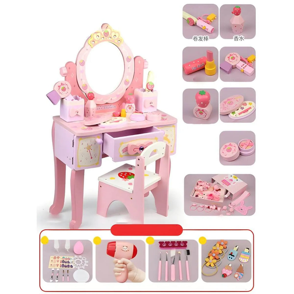 Pink Wood Kids Vanity Set with Mirror, Drawers & Chair
