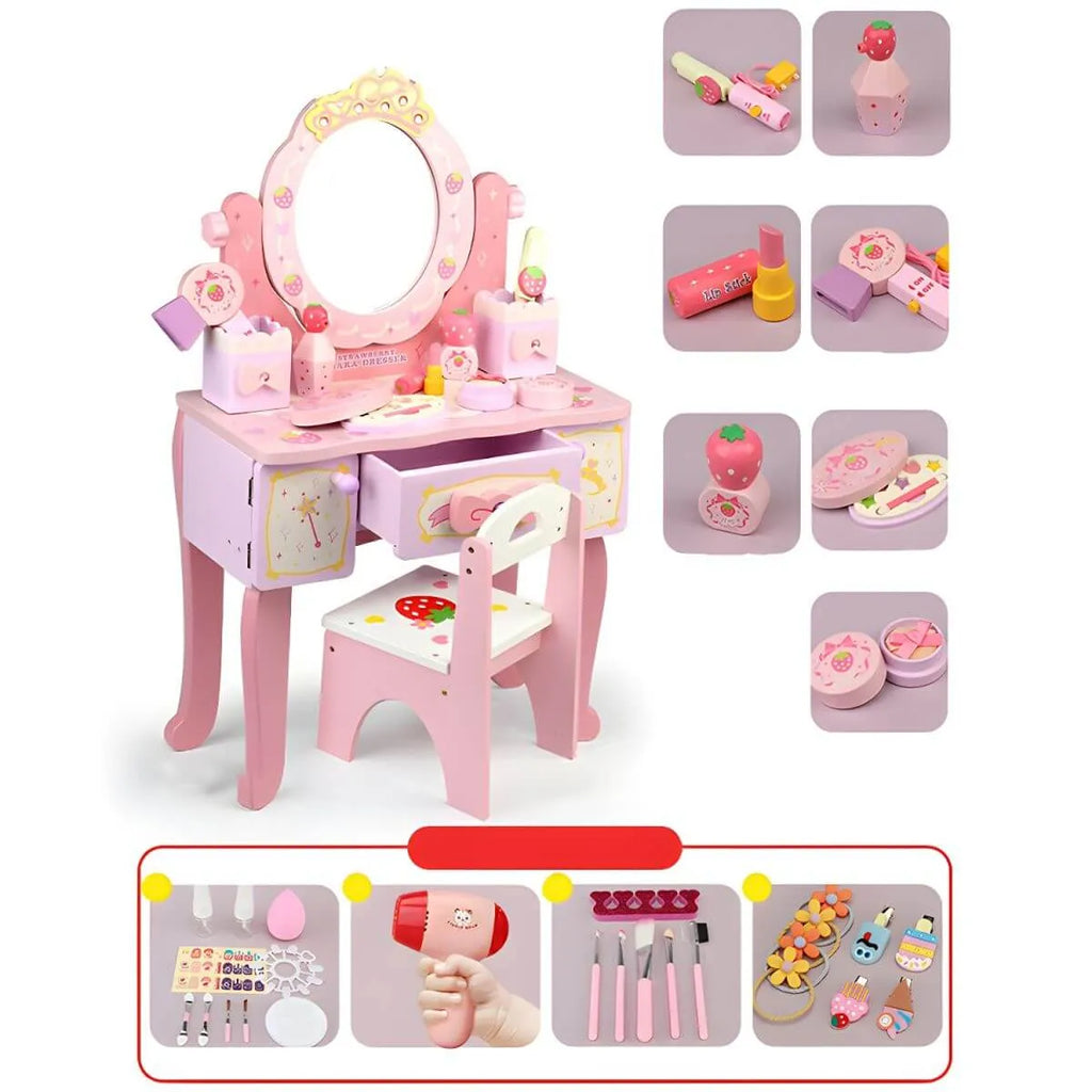 Pink Wood Kids Vanity Set with Mirror, Drawers & Chair