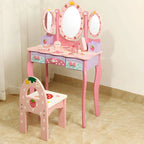 Pink Wood Kids Vanity Set with Mirror, Drawers & Chair