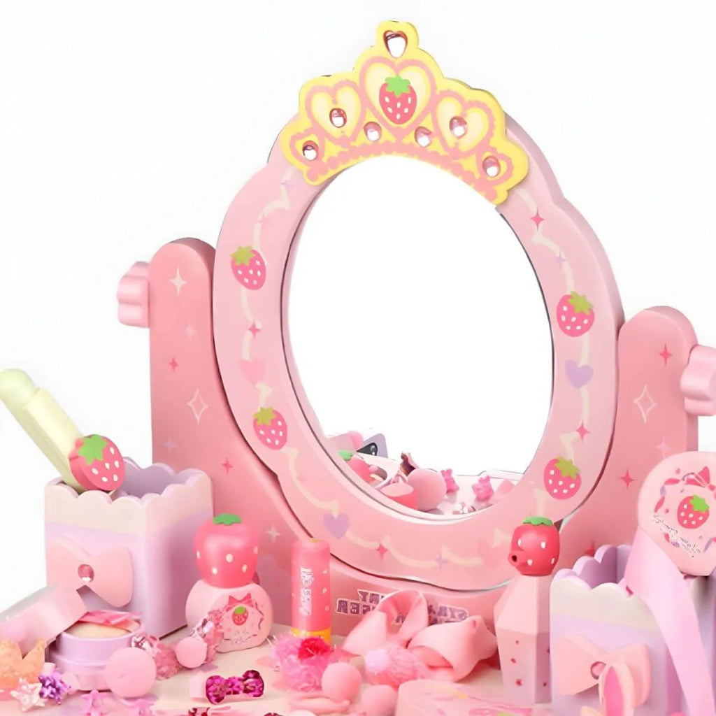 Pink Wood Kids Vanity Set with Mirror, Drawers & Chair