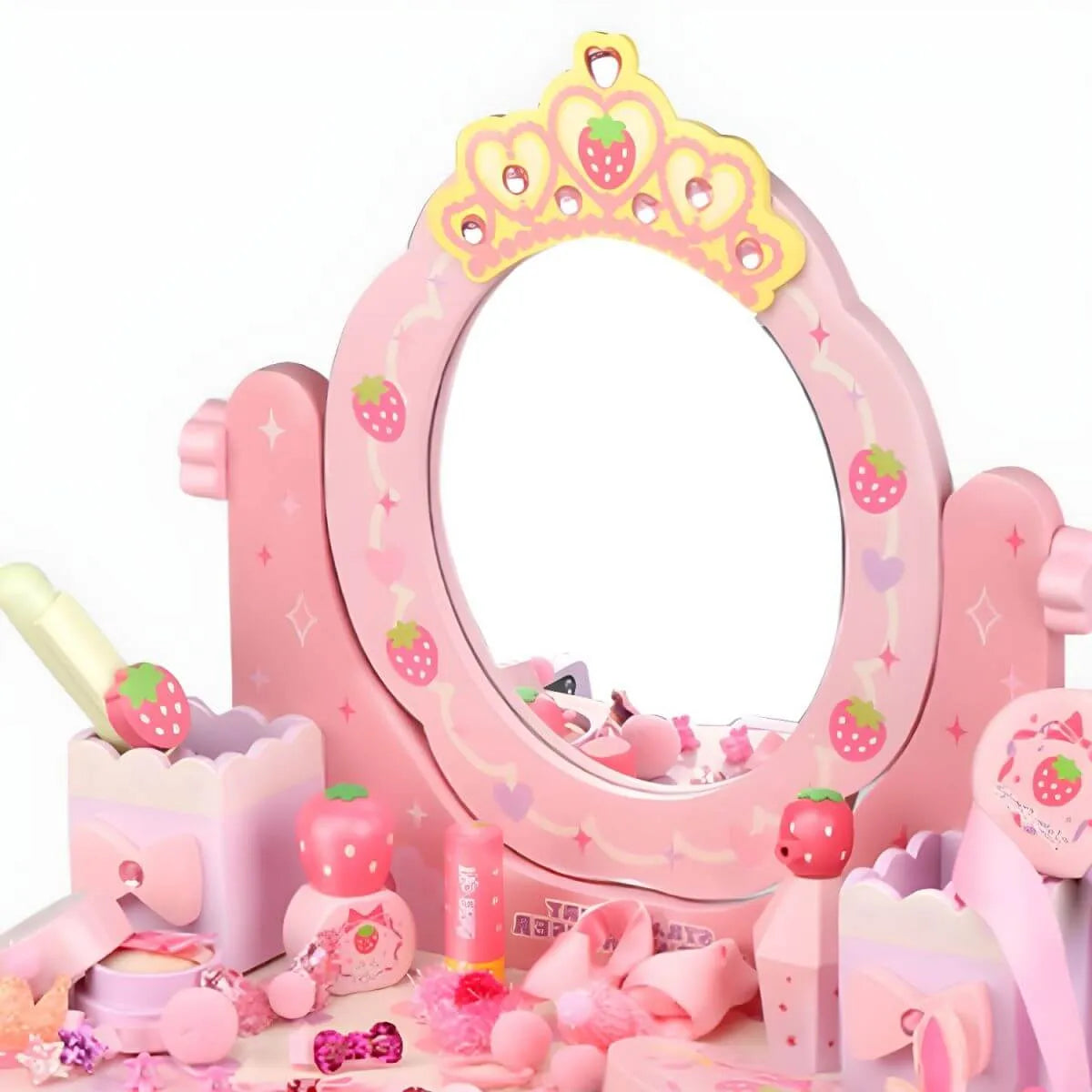 Pink Wood Kids Vanity Set with Mirror, Drawers & Chair