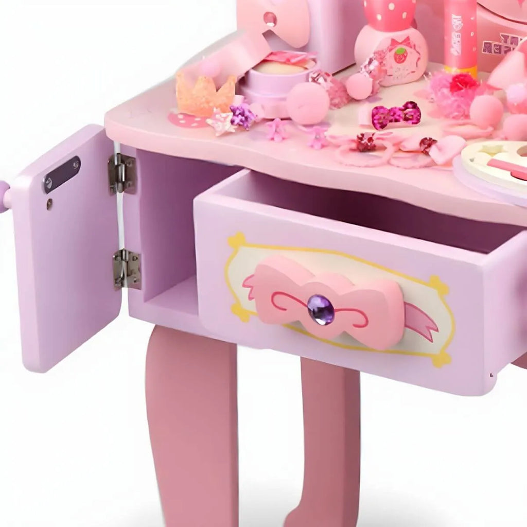 Pink Wood Kids Vanity Set with Mirror, Drawers & Chair