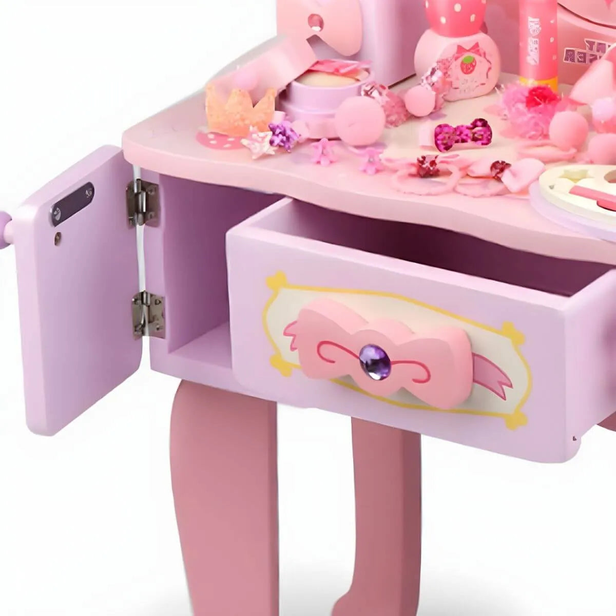 Pink Wood Kids Vanity Set with Mirror, Drawers & Chair