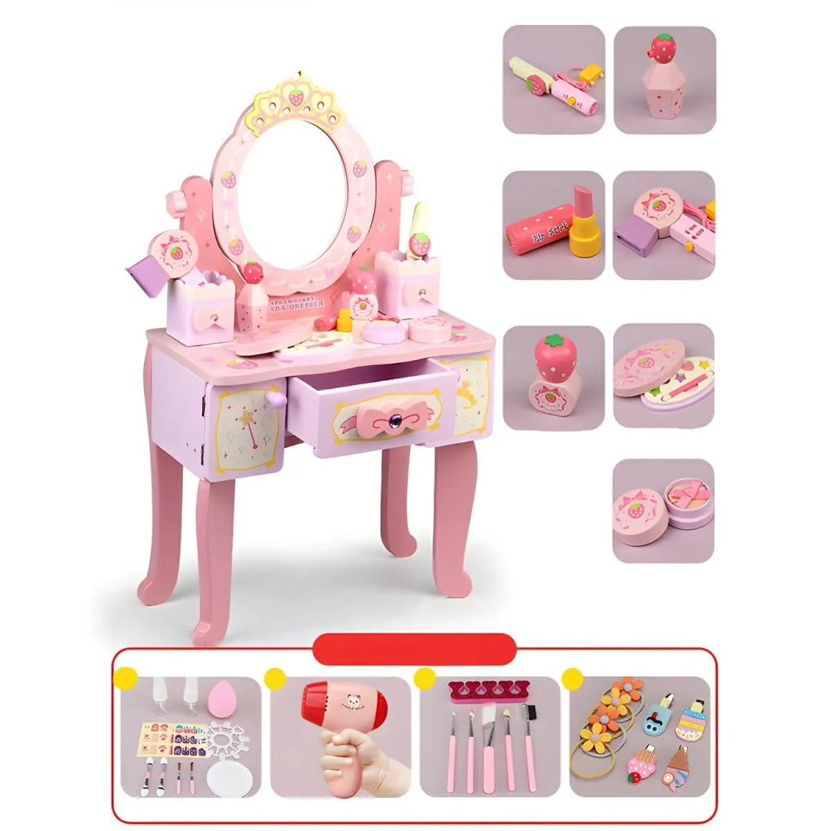 Pink Wood Kids Vanity Set with Mirror, Drawers & Chair