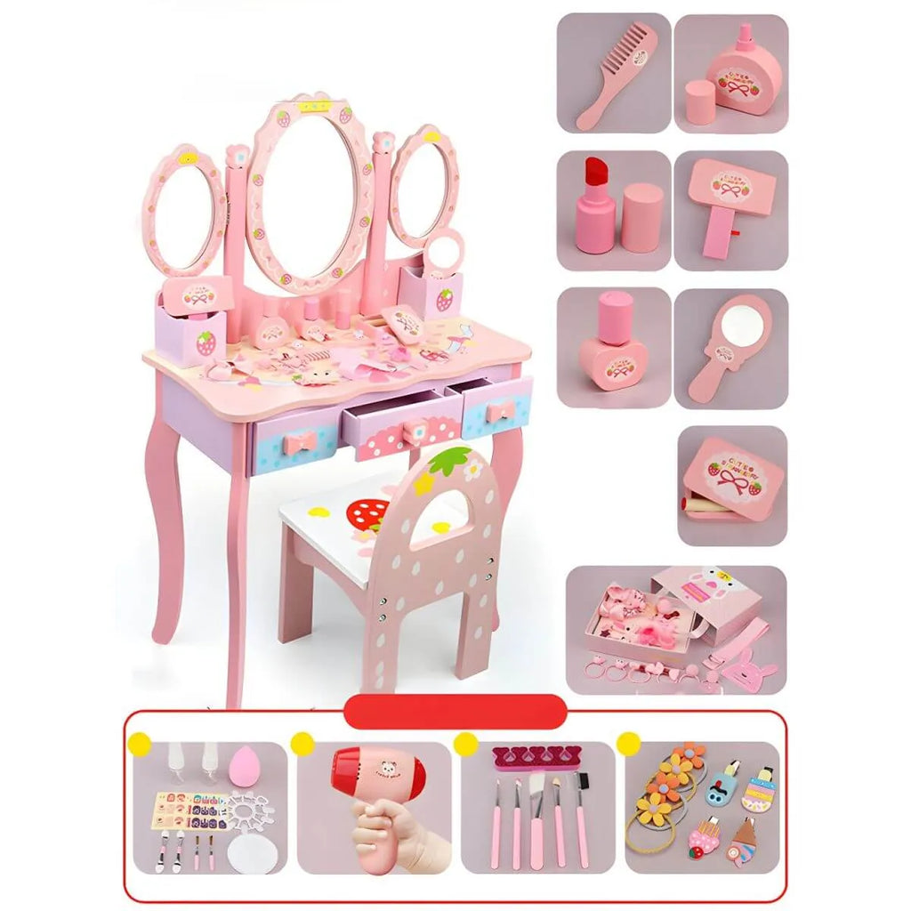 Pink Wood Kids Vanity Set with Mirror, Drawers & Chair
