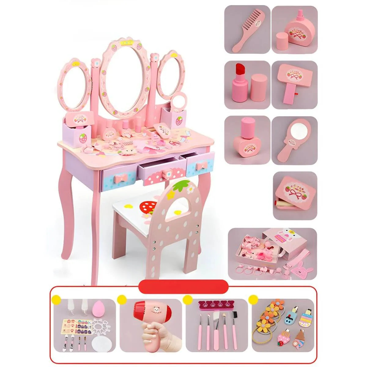 Pink Wood Kids Vanity Set with Mirror, Drawers & Chair