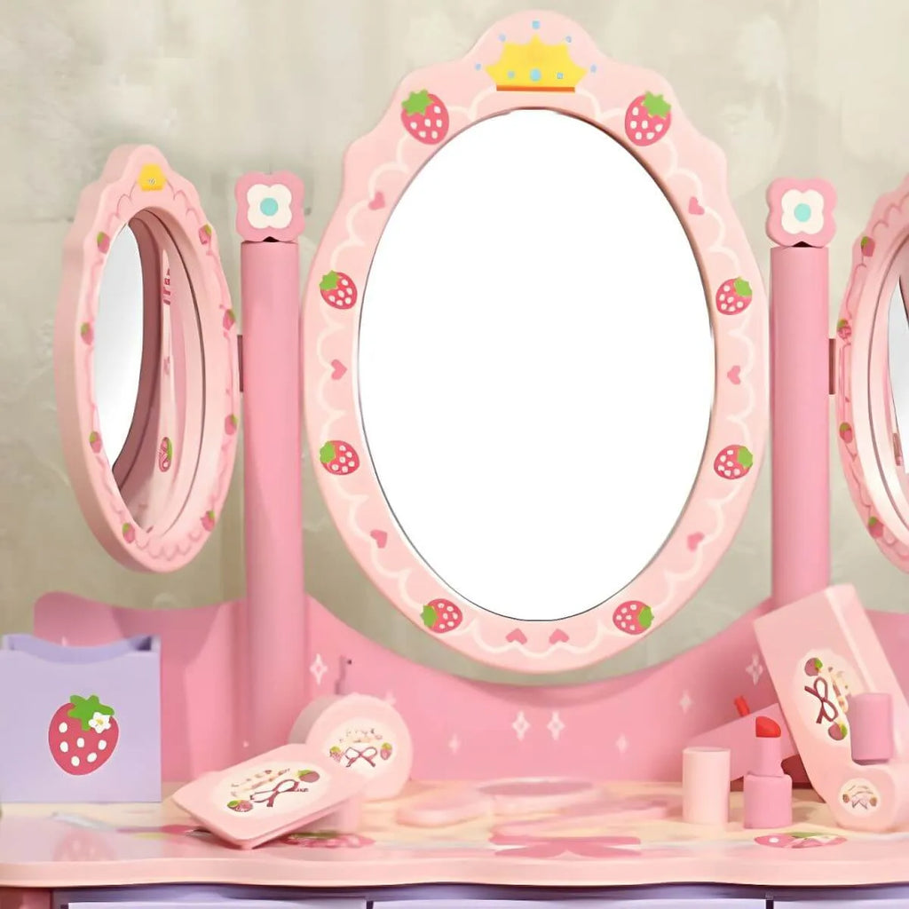 Pink Wood Kids Vanity Set with Mirror, Drawers & Chair