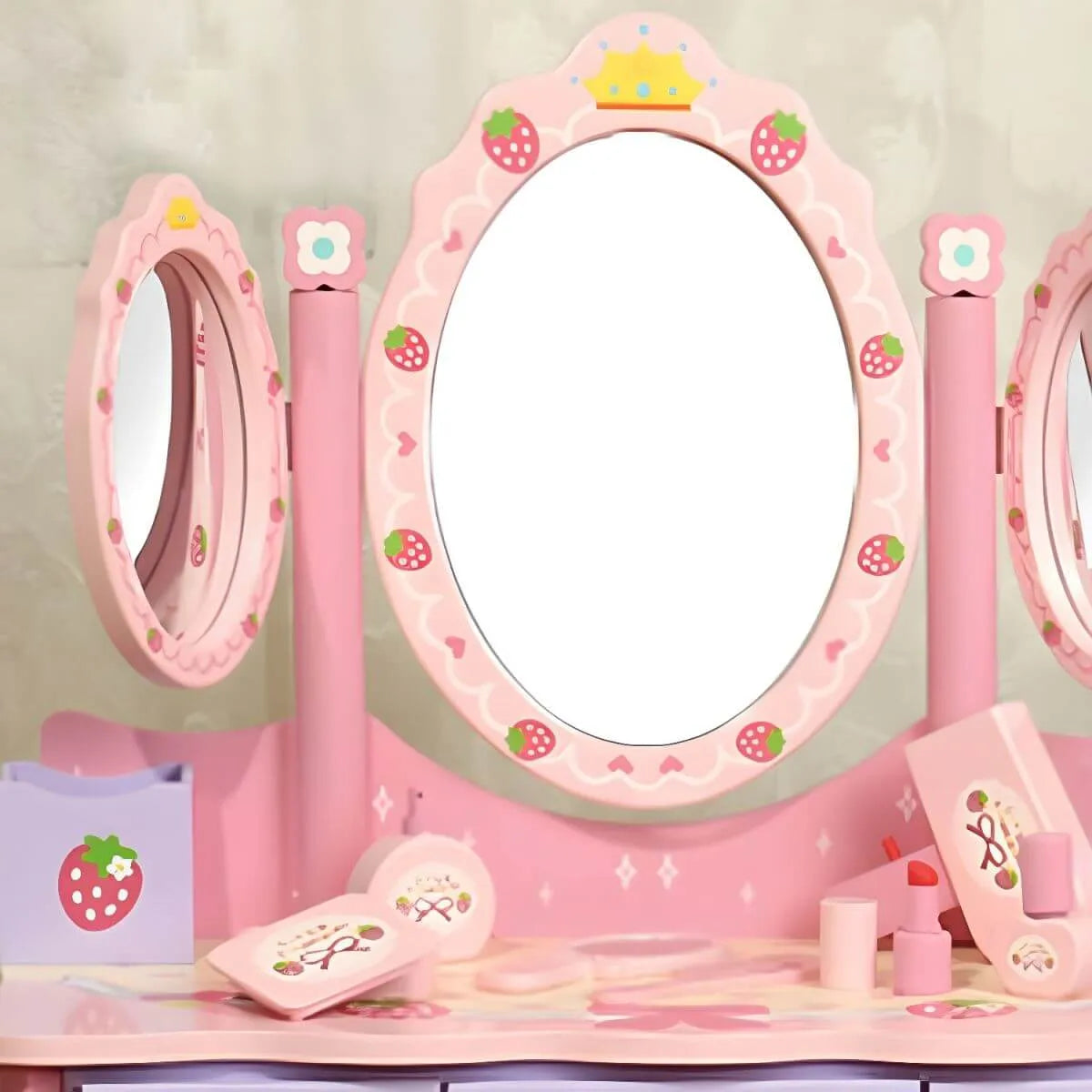 Pink Wood Kids Vanity Set with Mirror, Drawers & Chair