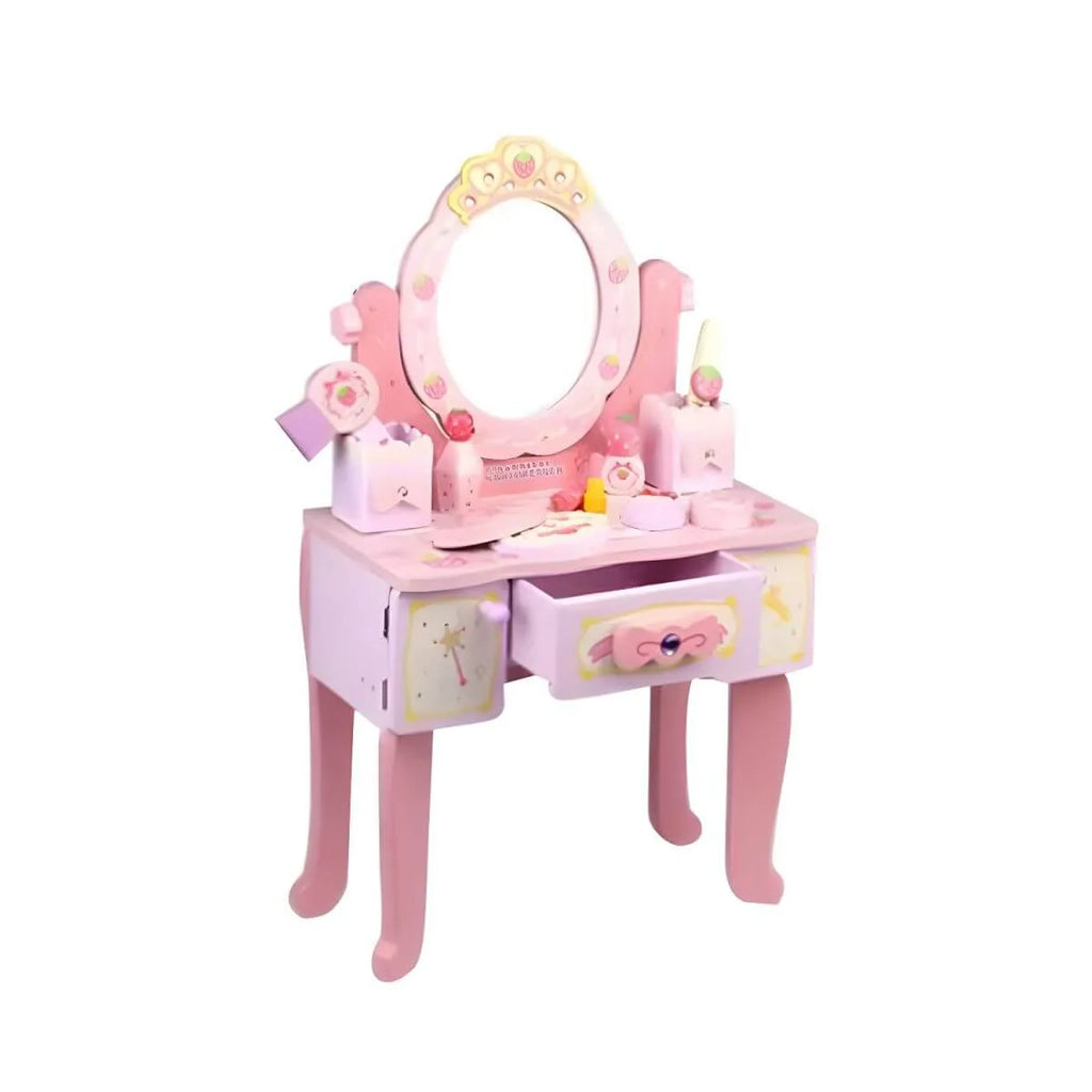 Pink Wood Kids Vanity Set with Mirror, Drawers & Chair