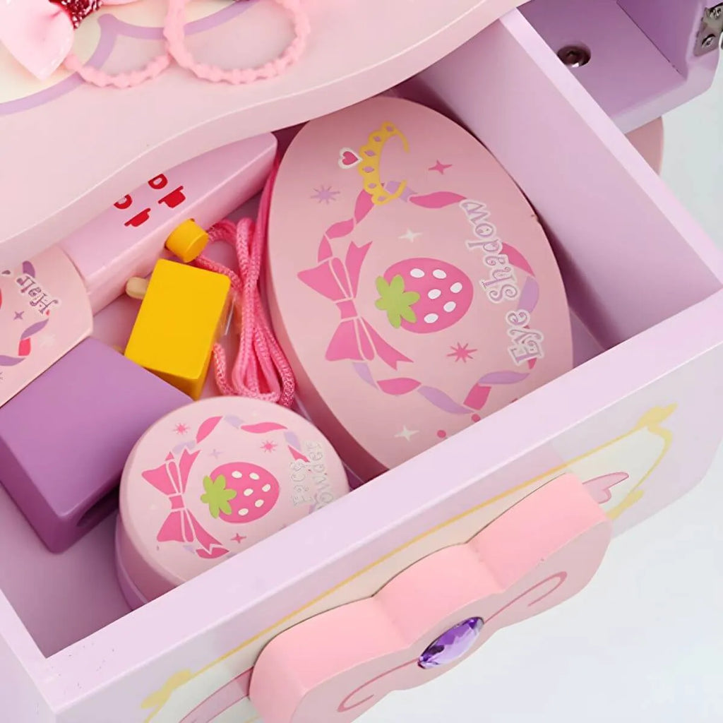 Pink Wood Kids Vanity Set with Mirror, Drawers & Chair