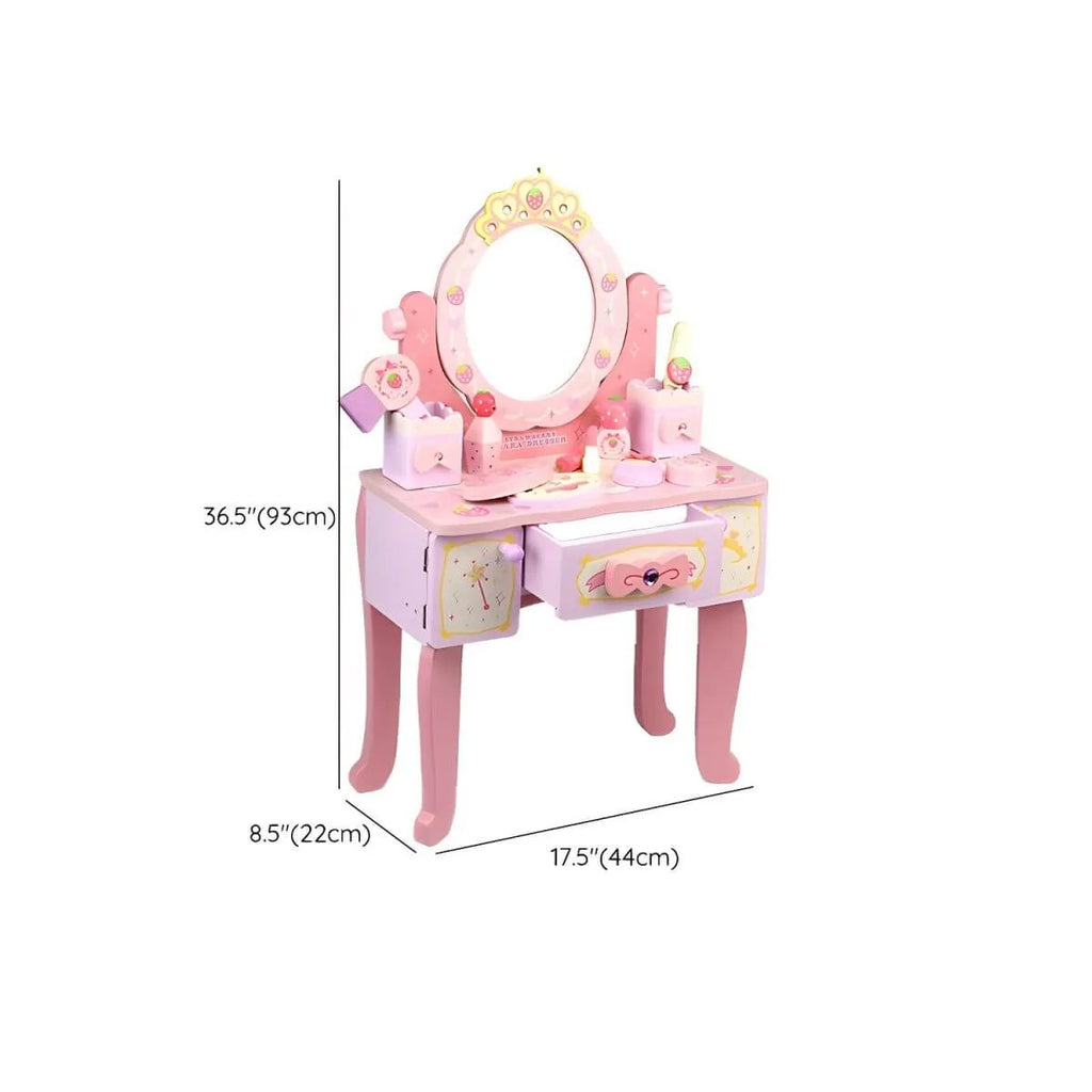 Pink Wood Kids Vanity Set with Mirror, Drawers & Chair Dimensions