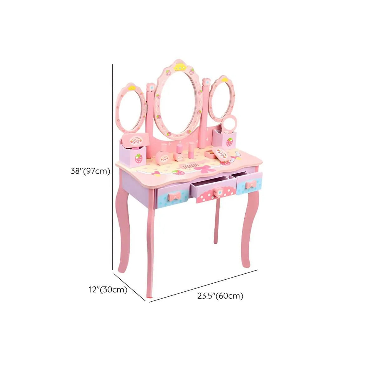 Pink Wood Kids Vanity Set with Mirror, Drawers & Chair Dimensions