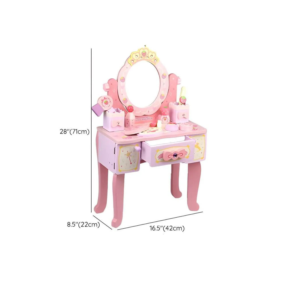 Pink Wood Kids Vanity Set with Mirror, Drawers & Chair Dimensions