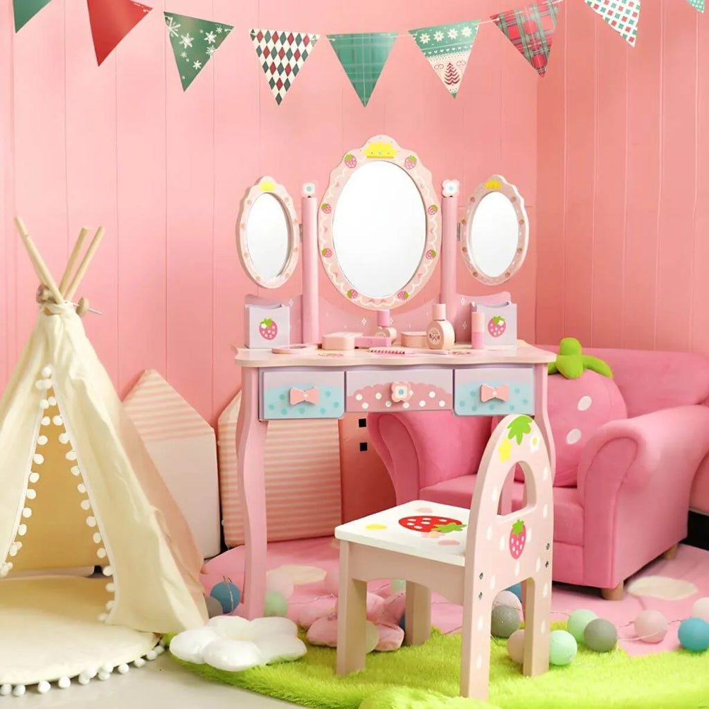 Pink Wood Kids Vanity Set with Mirror, Drawers & Chair Main Product Image