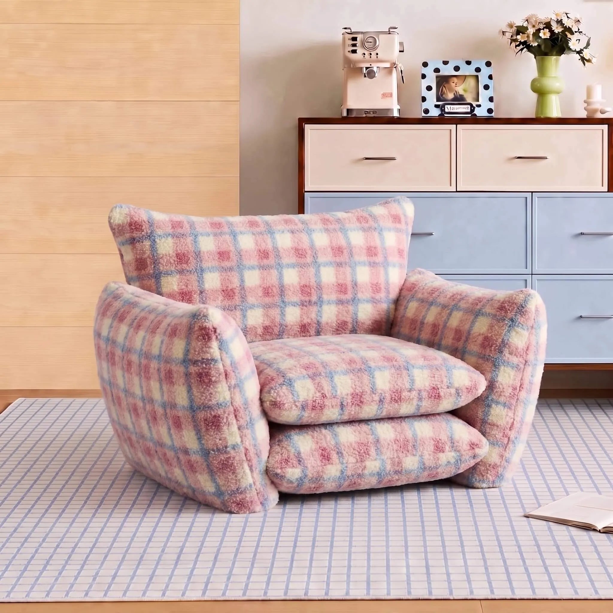 Plaid Chair Series With Cloud Sherpa Texture and Lounge Back Comfort
