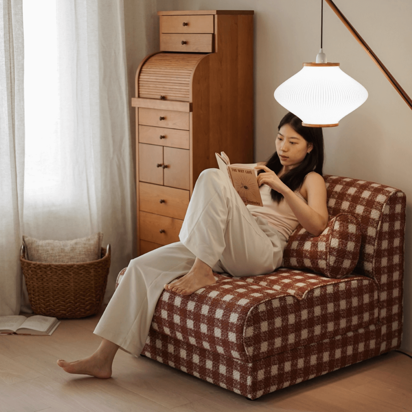 Plaid Fabric Single Chair With Soft Cushions