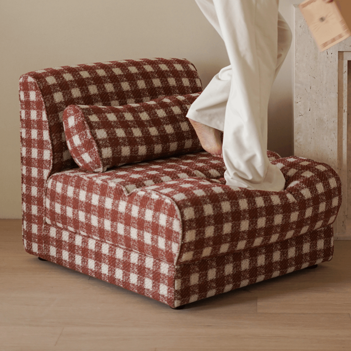 Plaid Fabric Single Chair With Soft Cushions