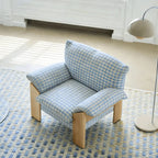 Plaid Linen Lounge Chair With Exposed Wood Frame and Cozy Wraparound Seat