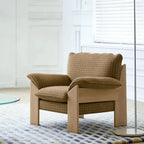 Plaid Linen Lounge Chair With Exposed Wood Frame and Cozy Wraparound Seat