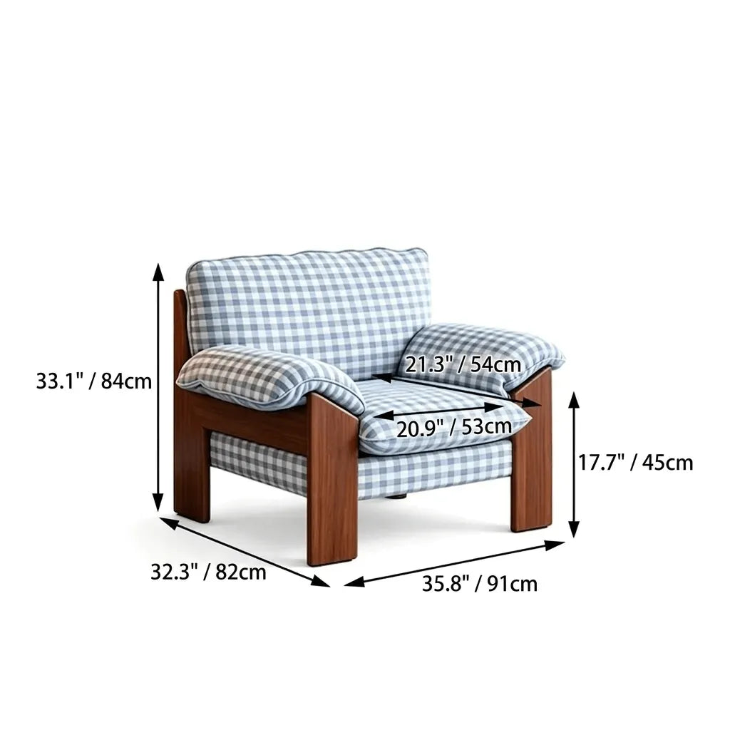 Plaid Linen Lounge Chair With Exposed Wood Frame and Cozy Wraparound Seat