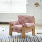 Plaid Linen Lounge Chair With Exposed Wood Frame and Cozy Wraparound Seat