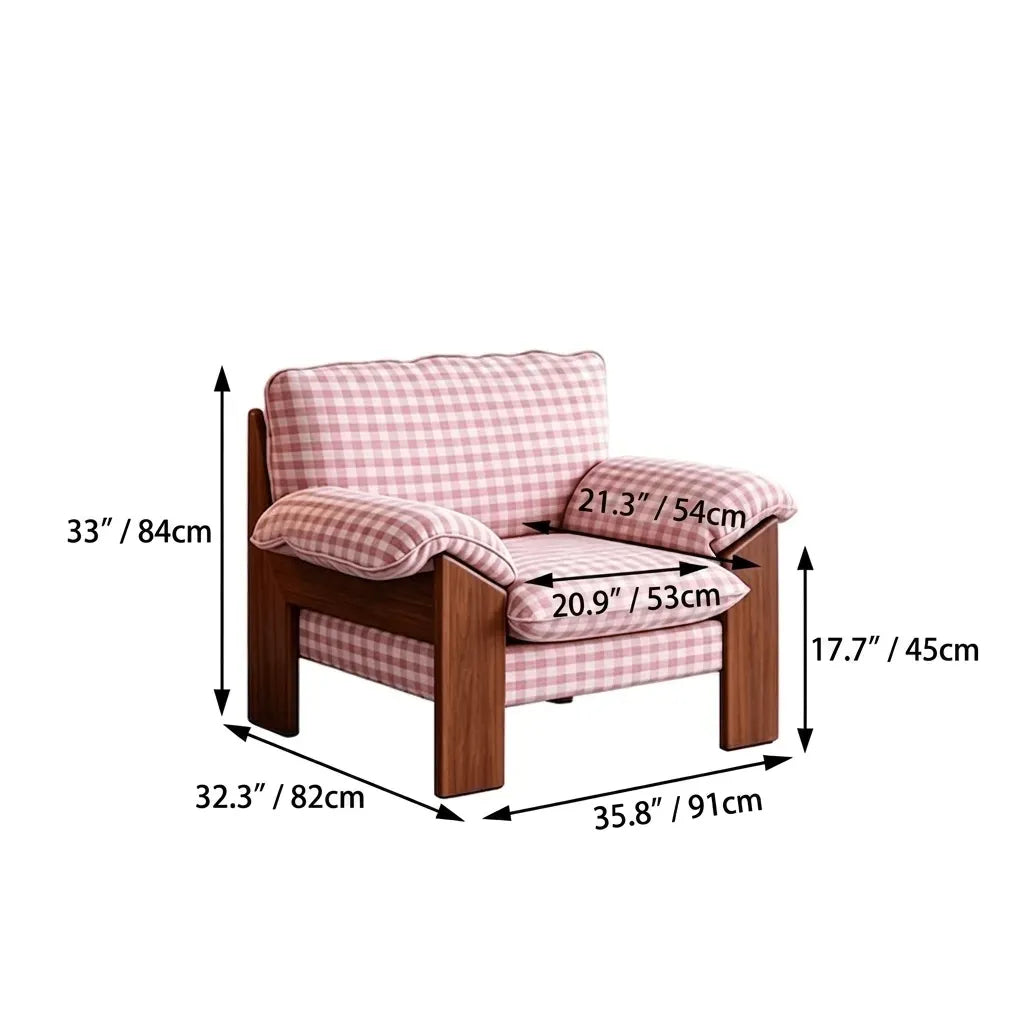 Plaid Linen Lounge Chair With Exposed Wood Frame and Cozy Wraparound Seat
